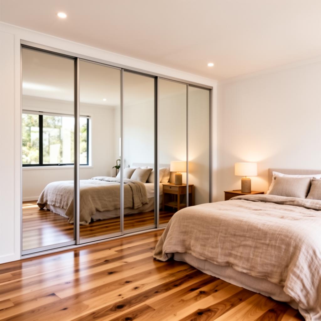 Modern Australian bedroom with floor-to-ceiling mirror sliding wardrobe doors